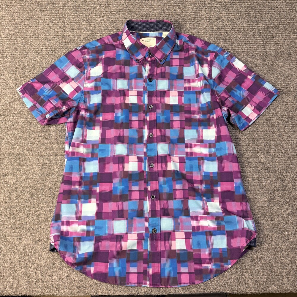 ConStruct Shirt Mens Medium Plaid Short Sleeve 4 Way Stretch Button Up Colorful